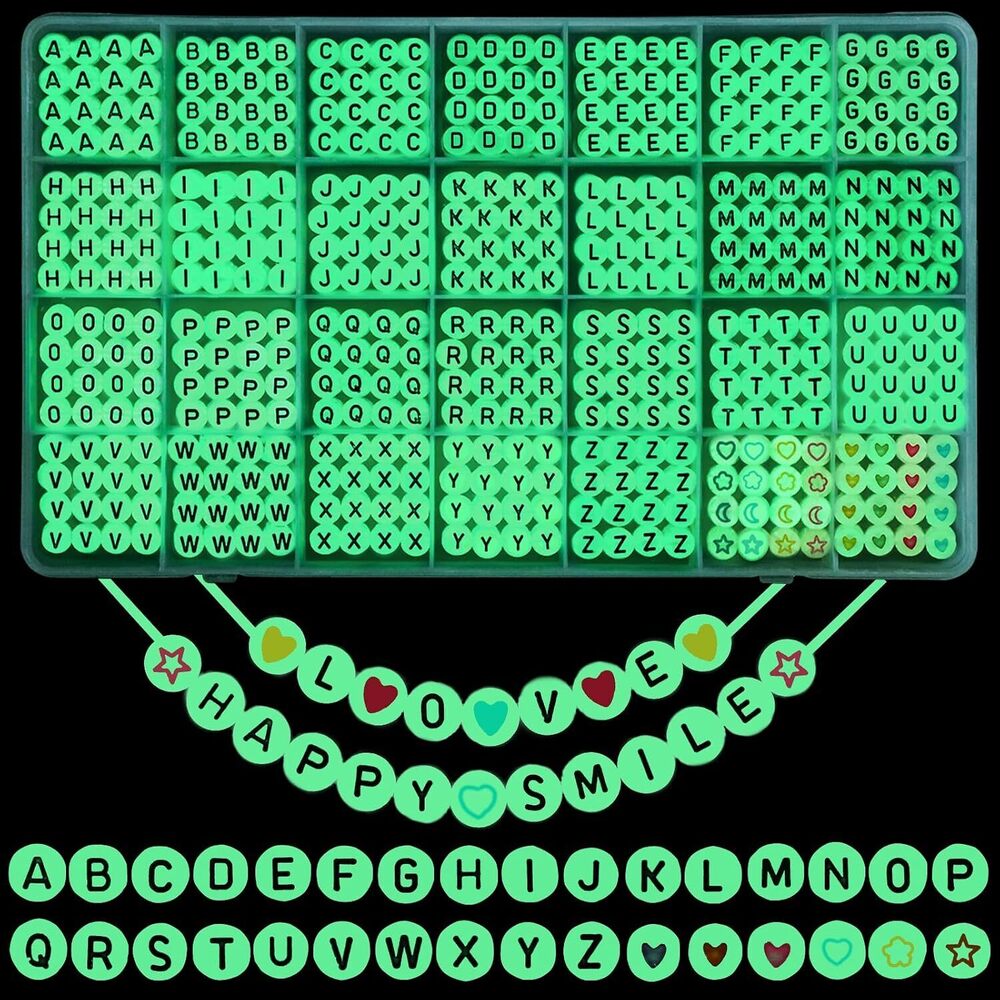 1400pcs Glow Letter Beads 4x7mm Acrylic Glow in The Dark 28 Grids Round
